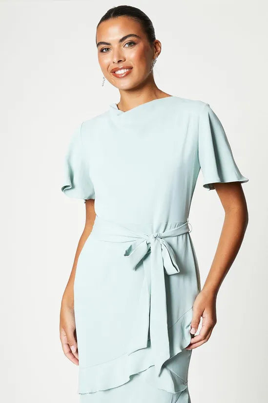 Ruffle Skirt Drape Neck Midi Dress