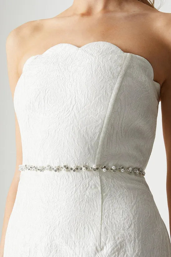 Scallop Detail Jacquard Column Wedding Dress