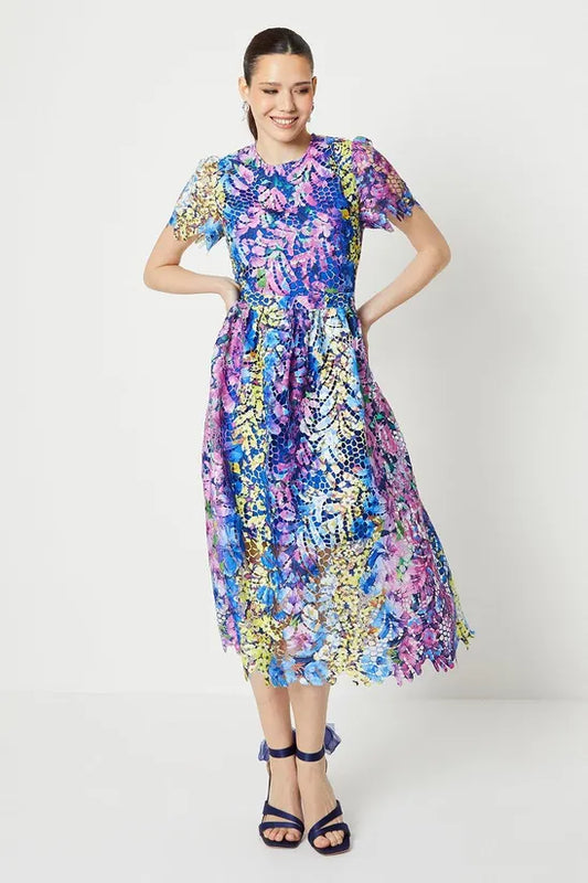 Printed Lace Midi Dress