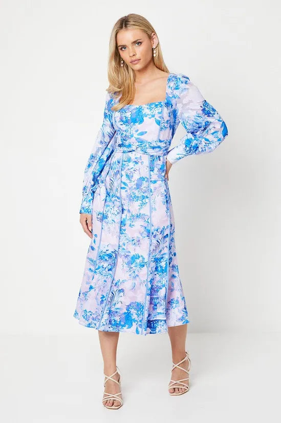 Petite Square Neck Georgette Midi Dress In Floral Print