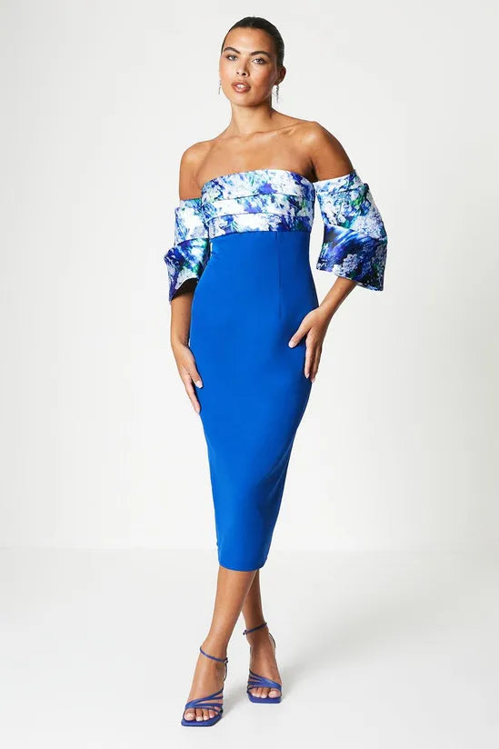Printed Pleat Bardot Midi Dress