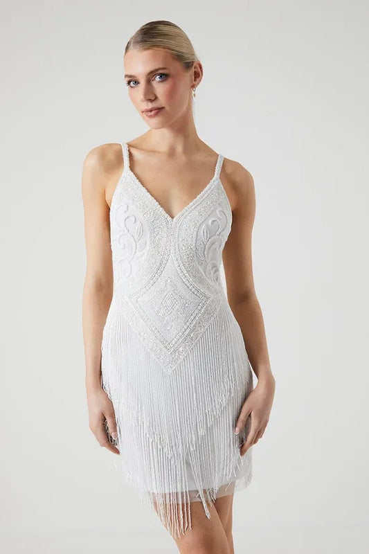 Premium Fringe And Beadwork Strappy Bridal Mini Dress