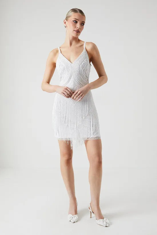 Premium Fringe And Beadwork Strappy Bridal Mini Dress