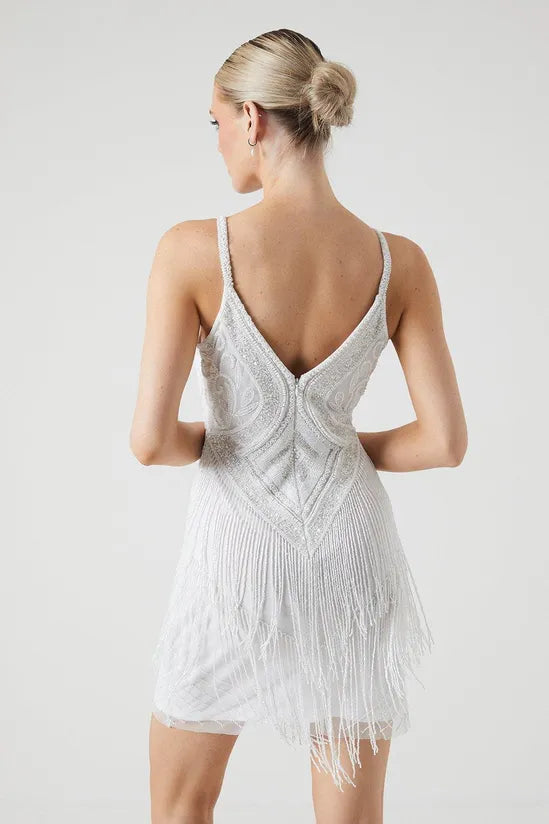 Premium Fringe And Beadwork Strappy Bridal Mini Dress