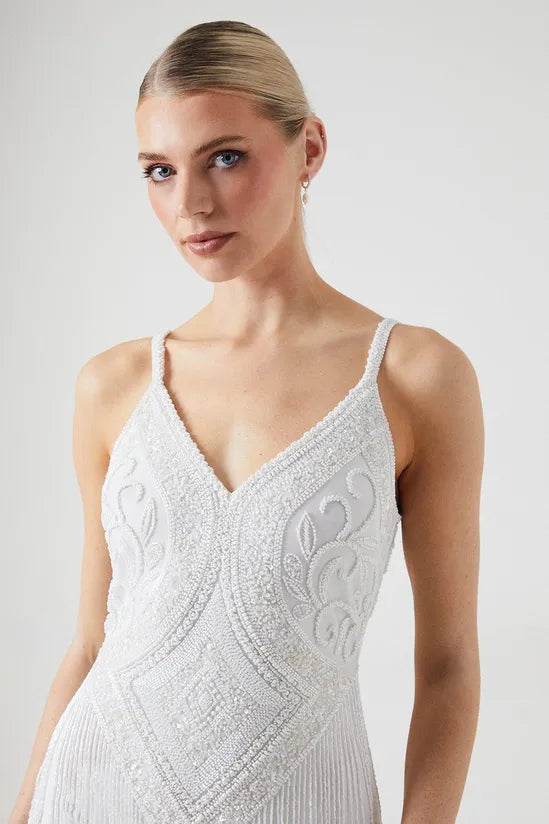 Premium Fringe And Beadwork Strappy Bridal Mini Dress