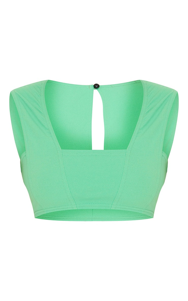 Bright Green Crepe Square Neck Crop Top