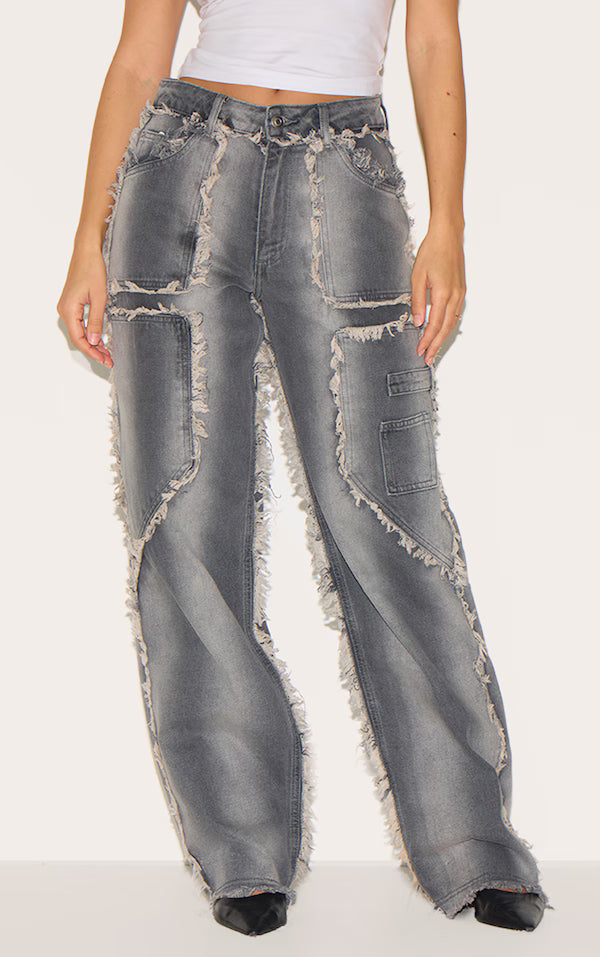Washed Grey Frayed Edge Wide Leg Jeans