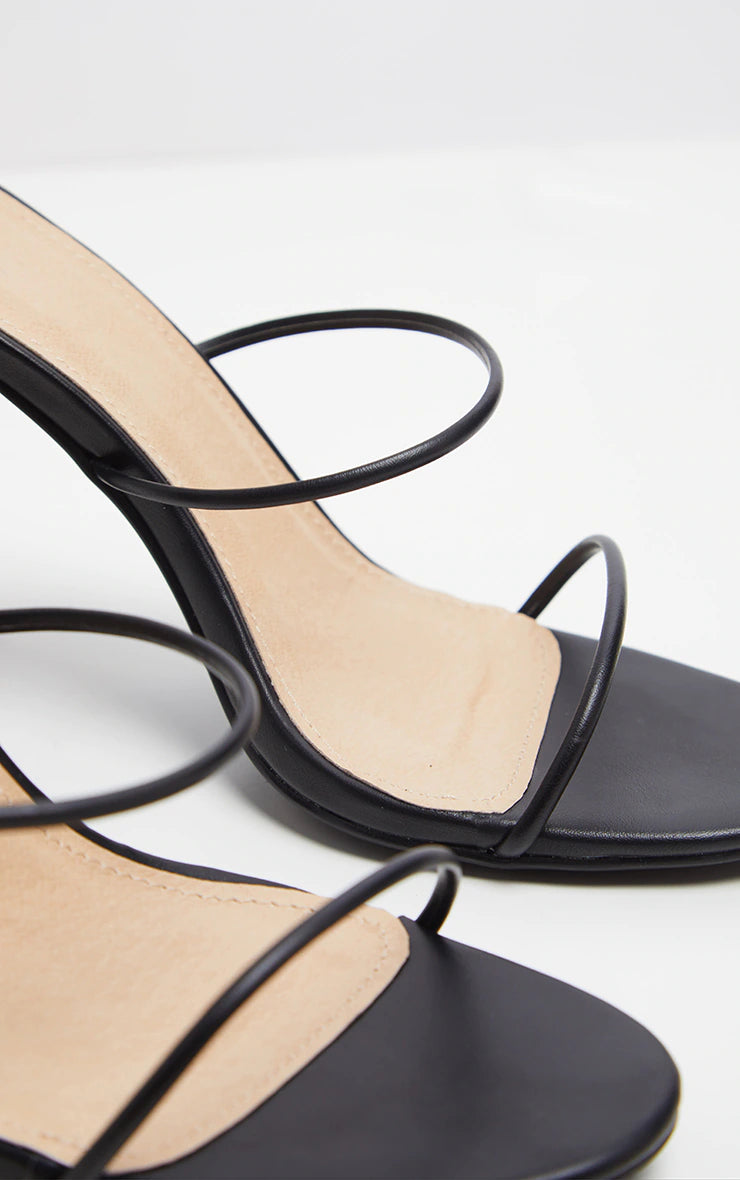 BLACK DELICATE STRAP BLOCK HEEL ANKLE TIE ROUND TOE SANDAL