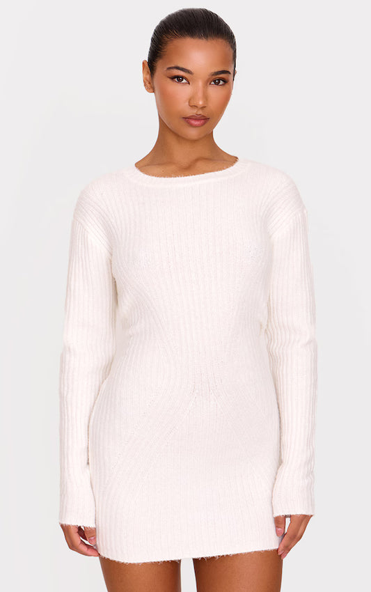 Cream Soft Textured Rib Knit Mini Dress