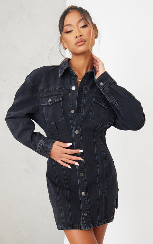 Washed Black Seam Detail Long Sleeve Denim Dress