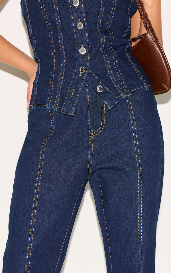 Petite Dark Indigo Contrast Seam Straight Leg Jeans