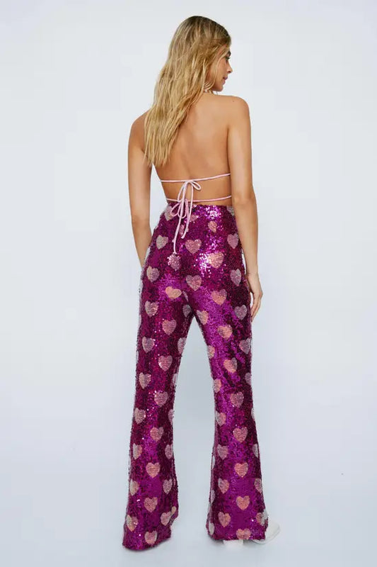 NastyGal - Heart Sequin Wide Leg Flare Pants