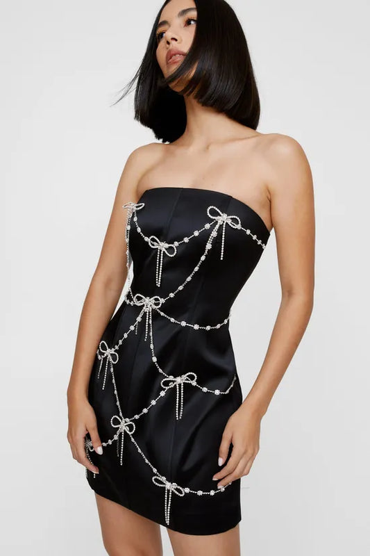 NastyGal Bow Embellished Satin Trim Bandeau Mini Dress