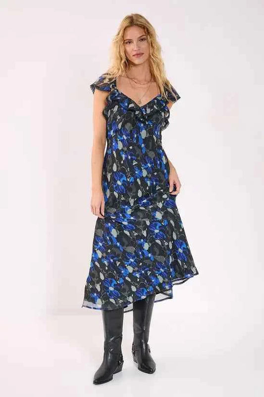 NastyGal Floral Chiffon Lace Trim Cap Sleeve Maxi Dress