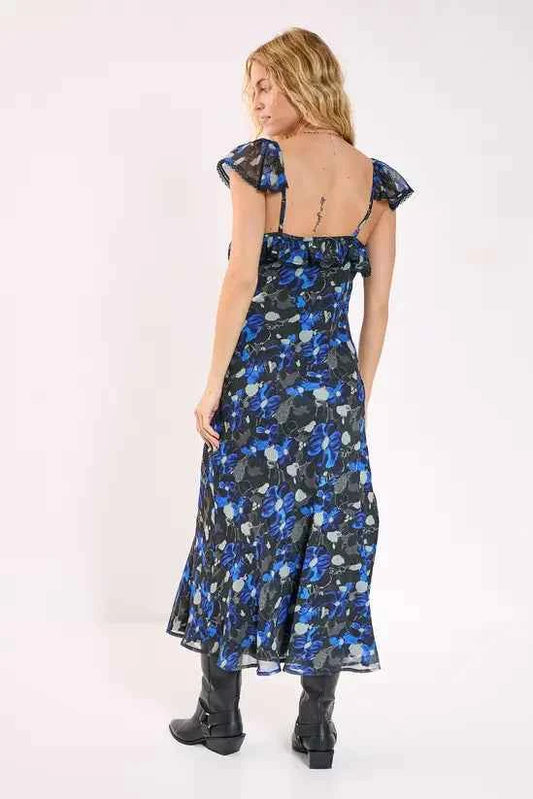 NastyGal Floral Chiffon Lace Trim Cap Sleeve Maxi Dress