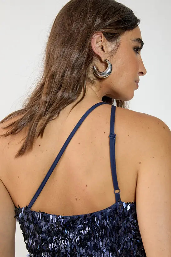 NastyGal One Shoulder Sequin Tassel Asymmetric Mini Dress