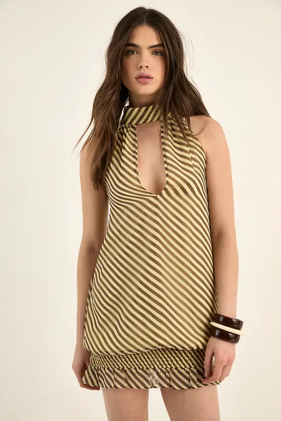 NastyGal Chiffon Stripe Scarf Tie Elasticated Ruffle Mini Dress