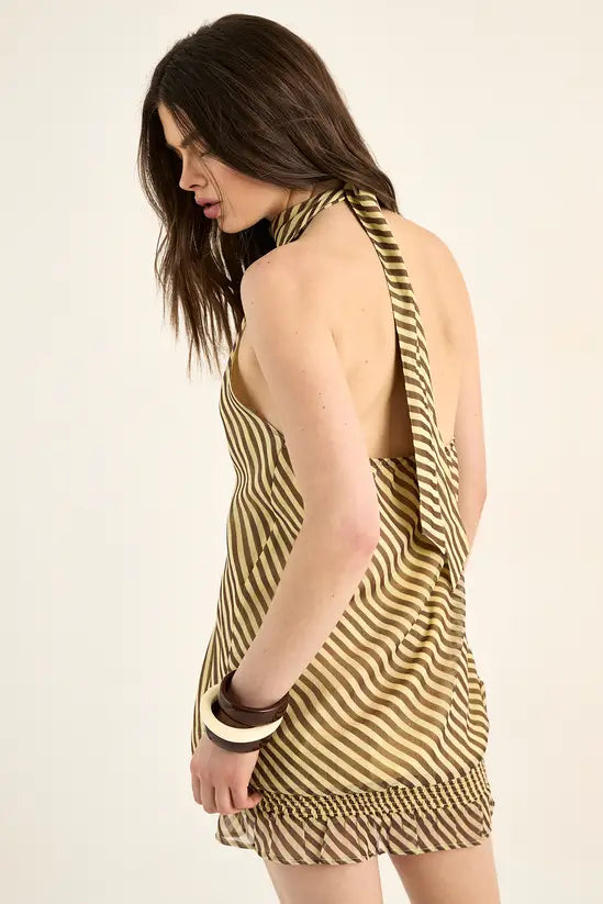 NastyGal Chiffon Stripe Scarf Tie Elasticated Ruffle Mini Dress