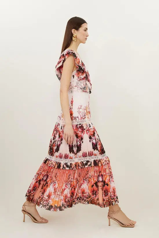 KarenMillen Petite Mirrored Floral Pleated Woven Sleeveless Maxi Dress