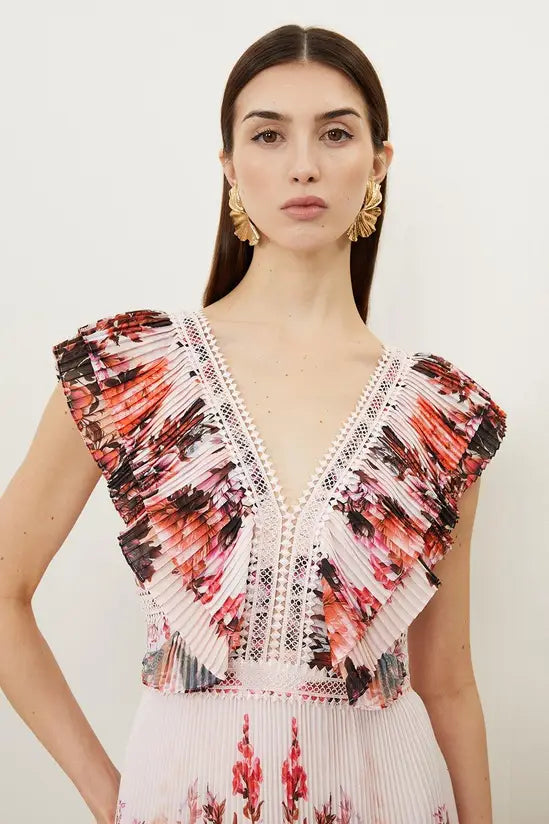 KarenMillen Petite Mirrored Floral Pleated Woven Sleeveless Maxi Dress