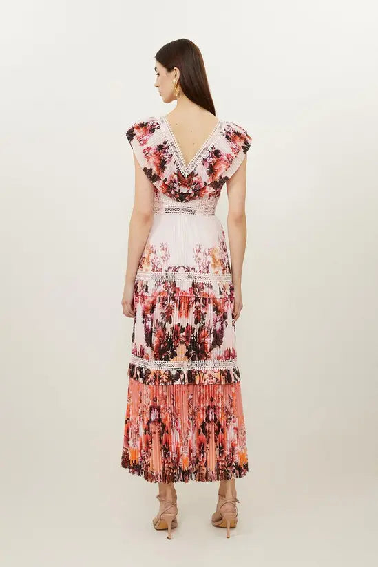 KarenMillen Petite Mirrored Floral Pleated Woven Sleeveless Maxi Dress