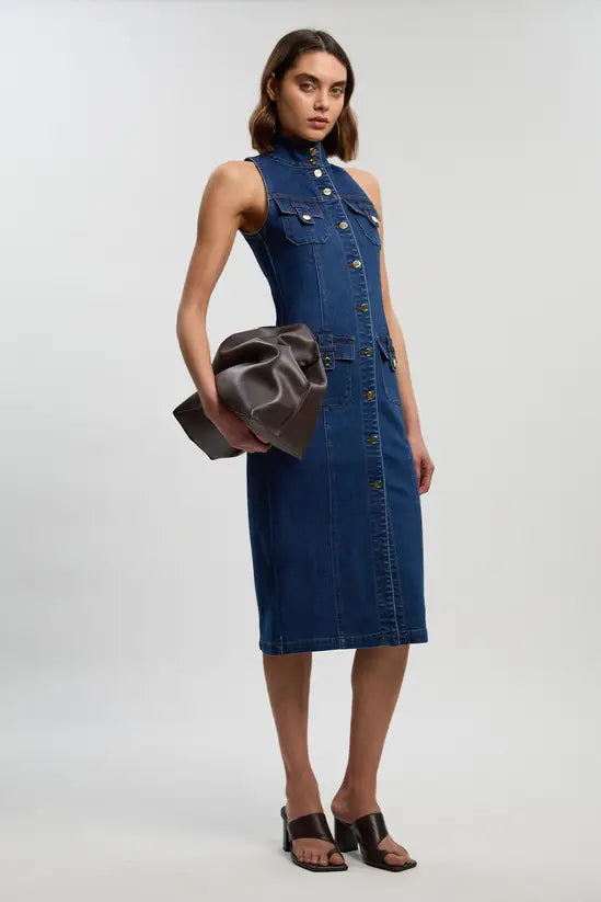 KARENMILLEN DENIM SLEEVELESS MIDI BUTTON DETAIL MIDI DRESS