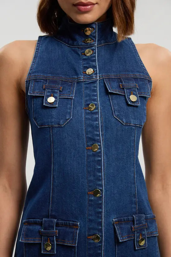KARENMILLEN DENIM SLEEVELESS MIDI BUTTON DETAIL MIDI DRESS