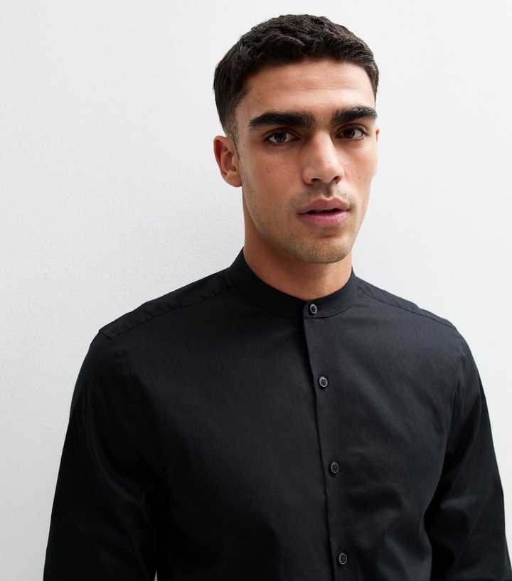 New Look grandad collar long sleeve shirt in black