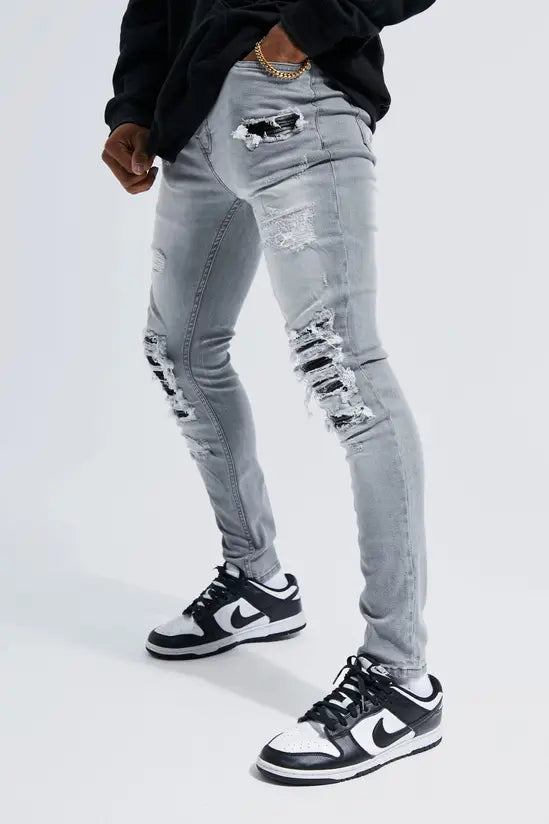 boohooMAN Super Skinny Stretch Rip & Repair Check Jeans
