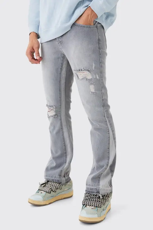boohooMAN Slim Flare Distressed Gusset Panel Jeans