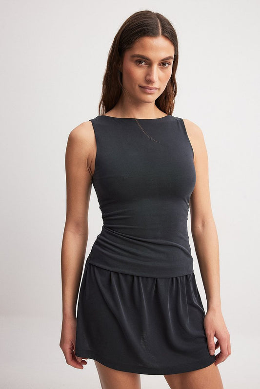 Boat Neck Low Waist Detail Mini Dress