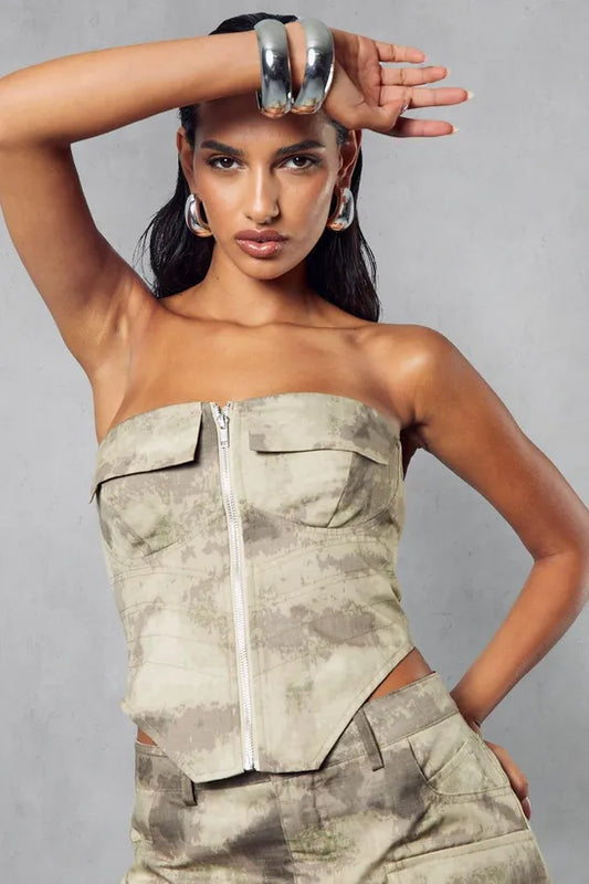 Camo Zip Front Corset Top