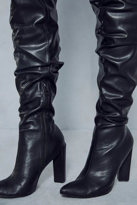 Leather Look Ruched Over The Knee Boots