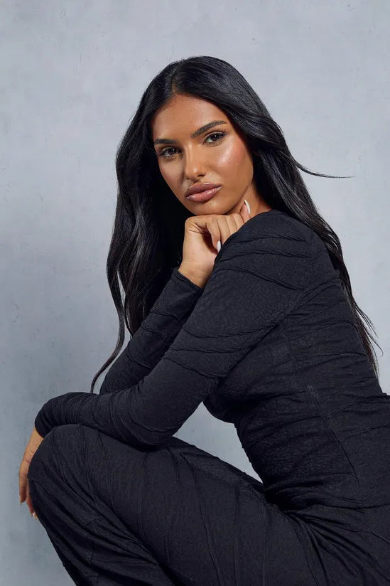 Sheer Crinkle Detail Long Sleeve Top