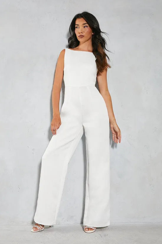 Premium Satin Sleeveless Bow Back Straight Leg Jumpsuit