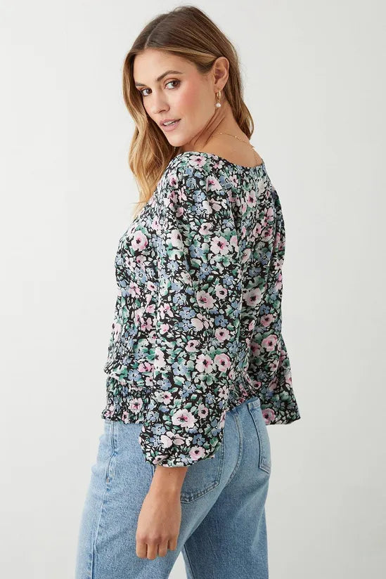 Dorothy Perkins Multi Floral Square Neck Shirred Hem Blouse