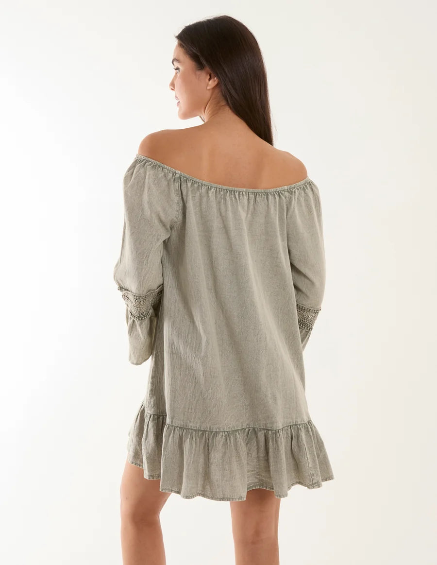 Blue Vanilla - Lace Trim Elasticated Bardot Neck Tunic Dress