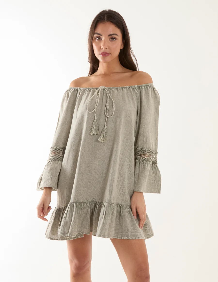 Blue Vanilla - Lace Trim Elasticated Bardot Neck Tunic Dress