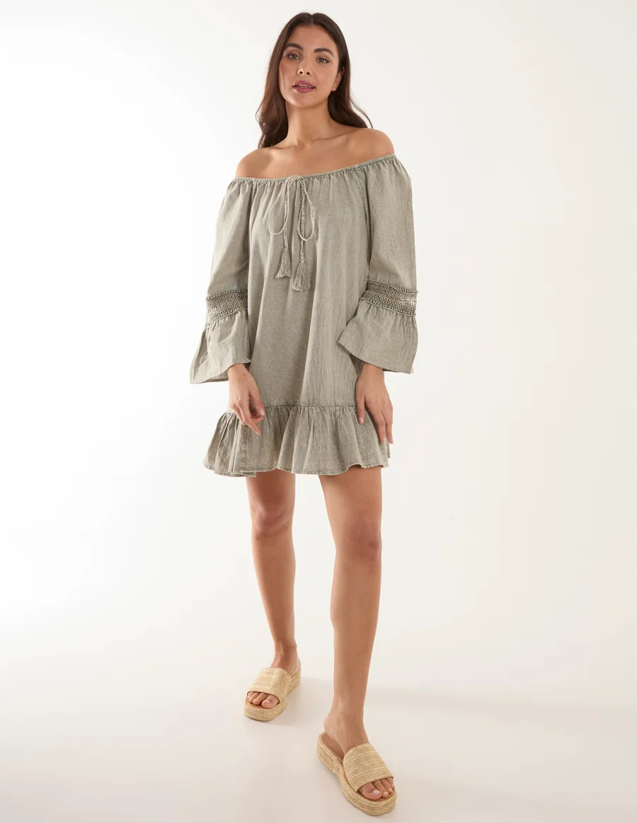 Blue Vanilla - Lace Trim Elasticated Bardot Neck Tunic Dress