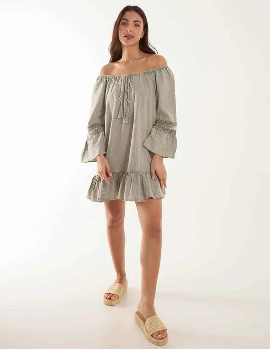 Blue Vanilla - Lace Trim Elasticated Bardot Neck Tunic Dress