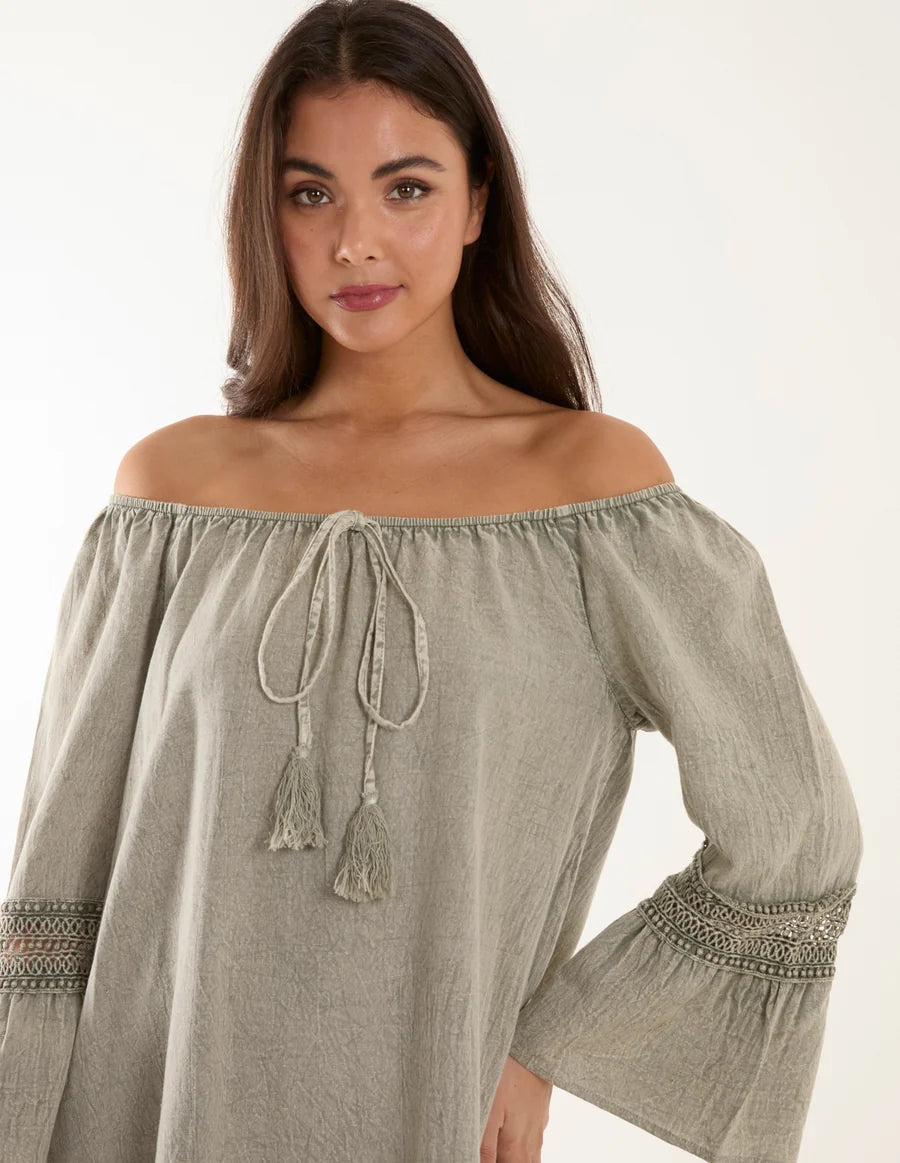 Blue Vanilla - Lace Trim Elasticated Bardot Neck Tunic Dress