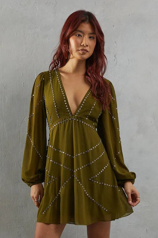 Premium Chiffon Embellished Sequin Plunge Neck Mini Dress