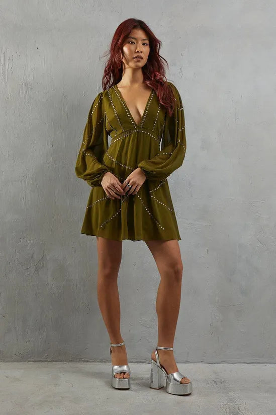 Premium Chiffon Embellished Sequin Plunge Neck Mini Dress