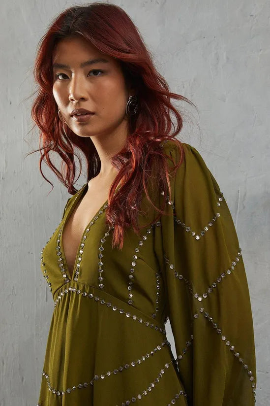 Premium Chiffon Embellished Sequin Plunge Neck Mini Dress