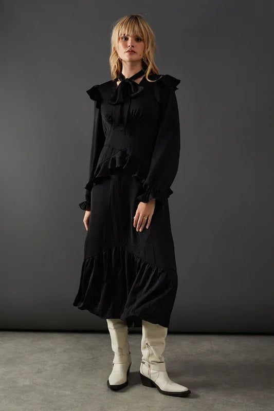 Warehouse Satin Tie Neck Ruffle Midi Dress