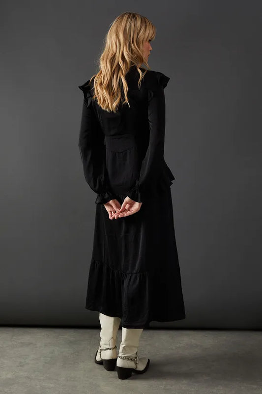 Warehouse Satin Tie Neck Ruffle Midi Dress