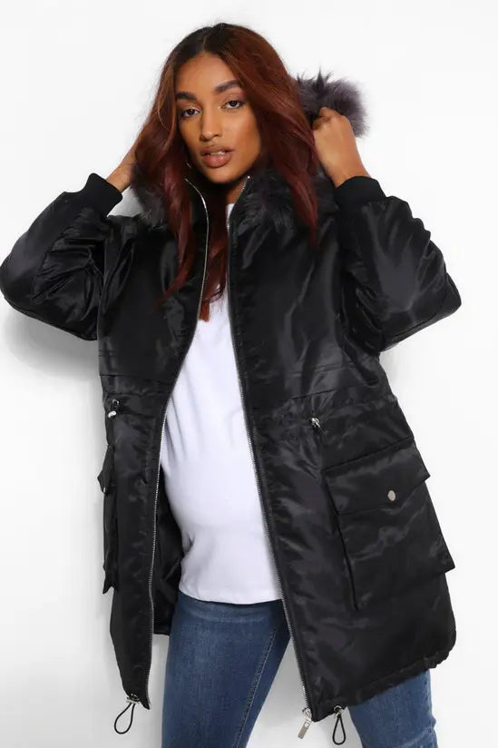 boohoo Maternity Faux Fur Trim Parka Coat