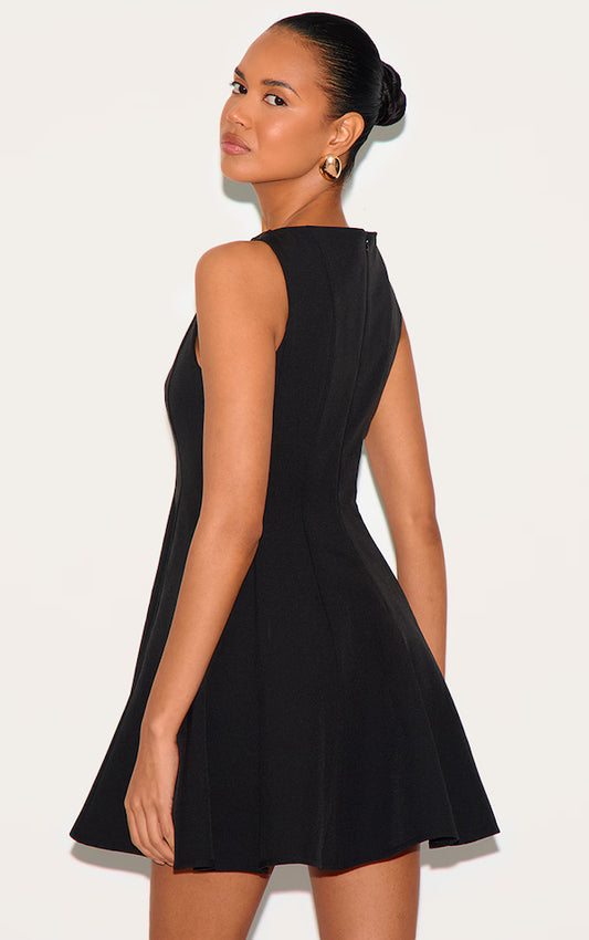 Black Woven Pleated Shift Dress