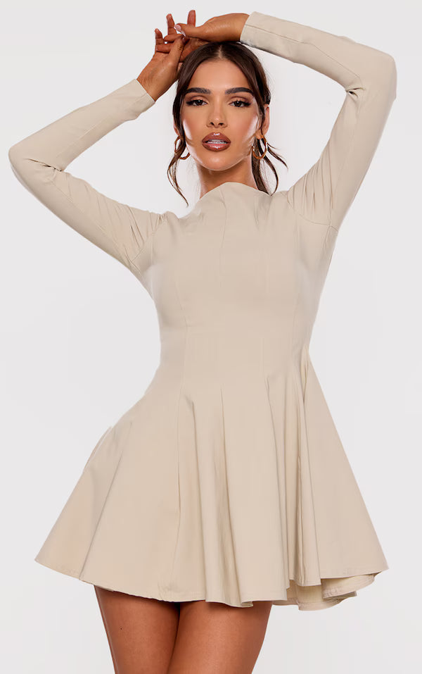 Stone Stretch Woven Boat Neck Long Sleeve Pleated Shift Dress