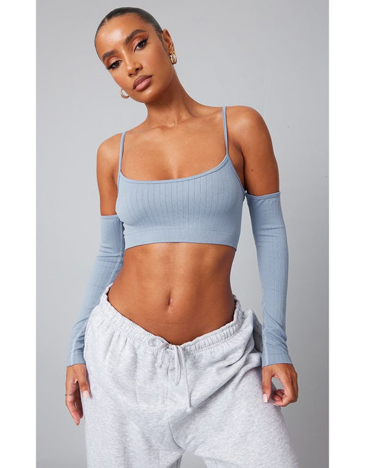 Washed Blue Wide Contour Rib Cold Shoulder Crop Top